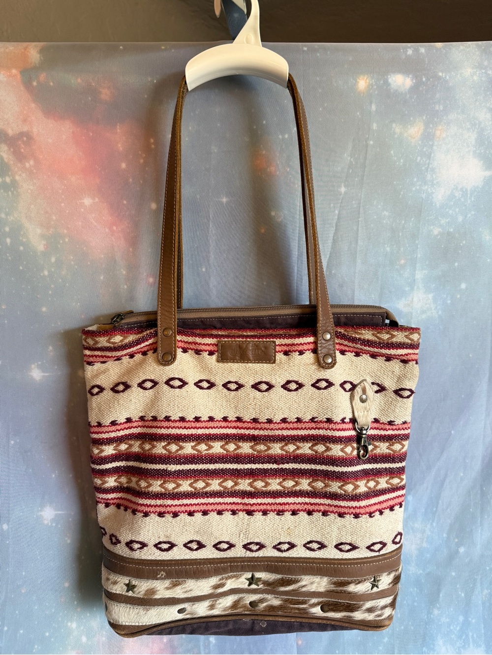 Sixtease Striped Woven Tote Bag in Cream and Burgundy with Brown Trim
